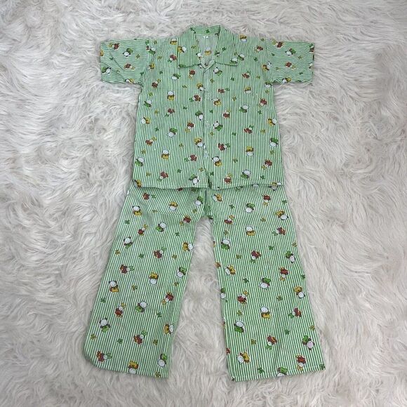 Hello Kitty Girls Vintage Sanrio Green & White Linen Pinstriped Pj Set Size 4 - Picture 1 of 11